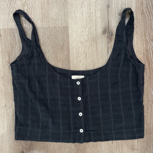 Laude The Label Tops - Laude the Label 100% Cotton Linen Button-Up Navy Blue Plaid Top
